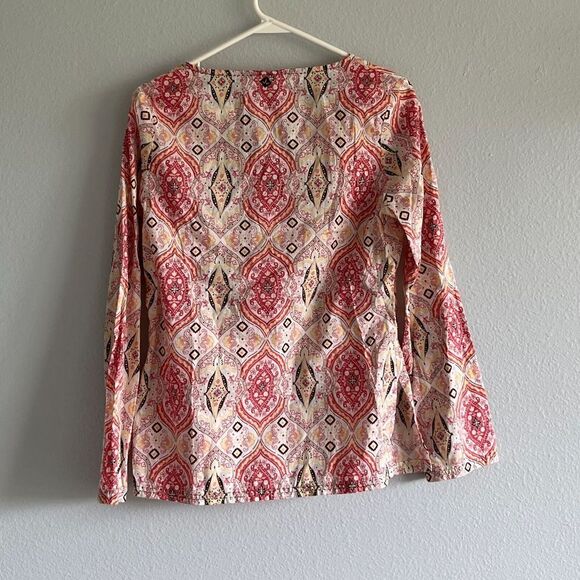 Prana Cotton Tunic Pink White Patterned Fabric V-Neck Split Hem Bottom Sleeves S - Picture 6 of 12